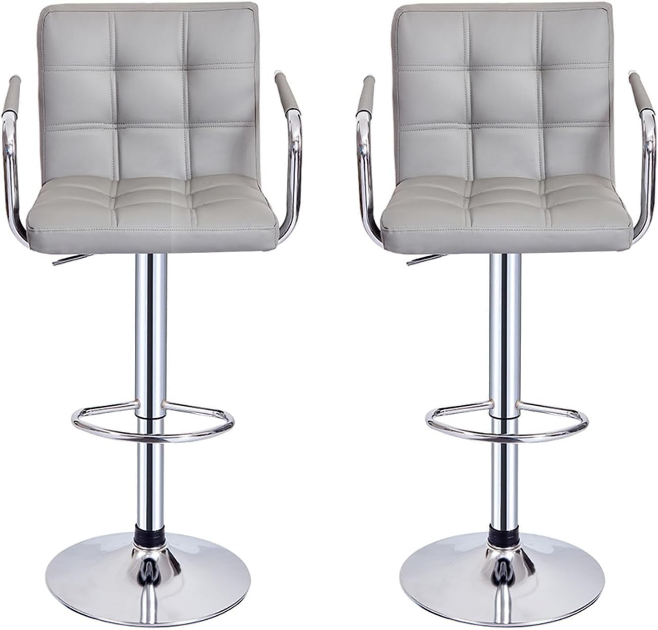 Set of 2 Grey Adjustable Swivel Bar Stools with Armrests & PU Leather