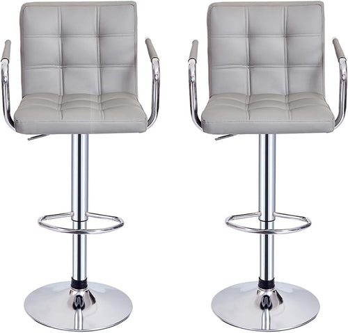 Set of 2 Grey Adjustable Swivel Bar Stools with Armrests & PU Leather