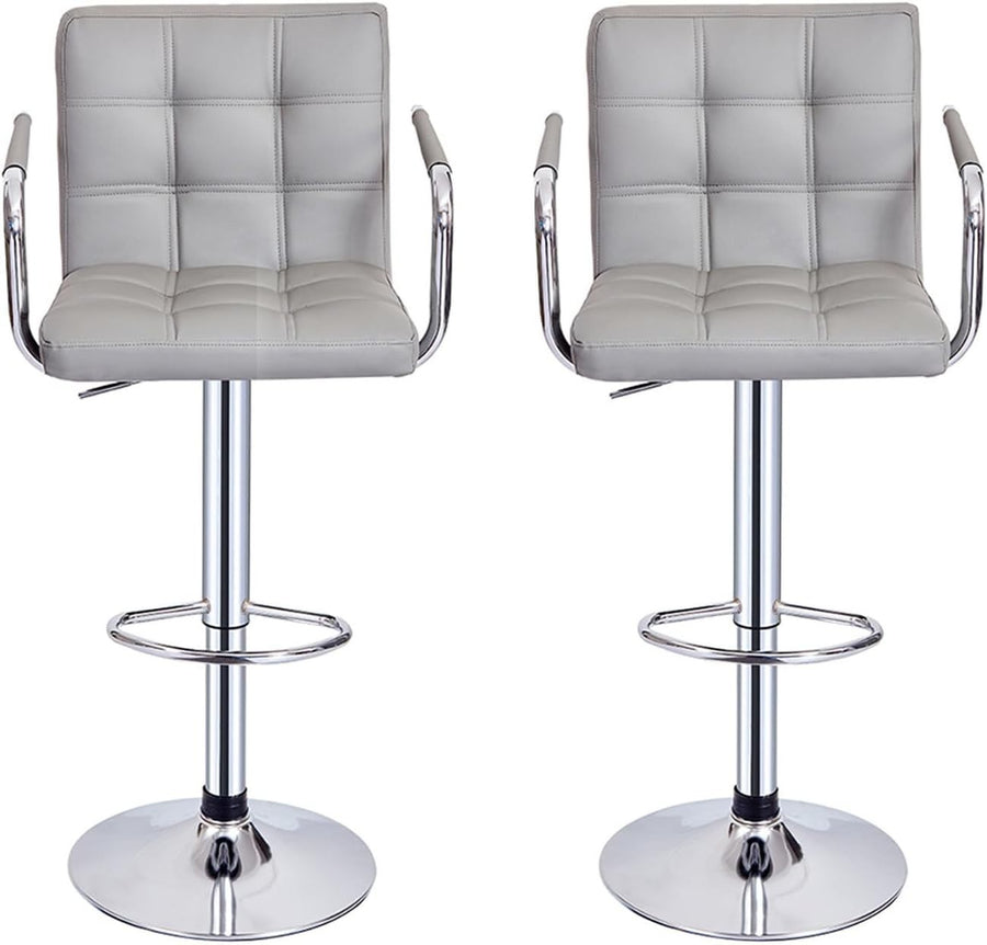 Set of 2 Grey Adjustable Swivel Bar Stools with Armrests & PU Leather