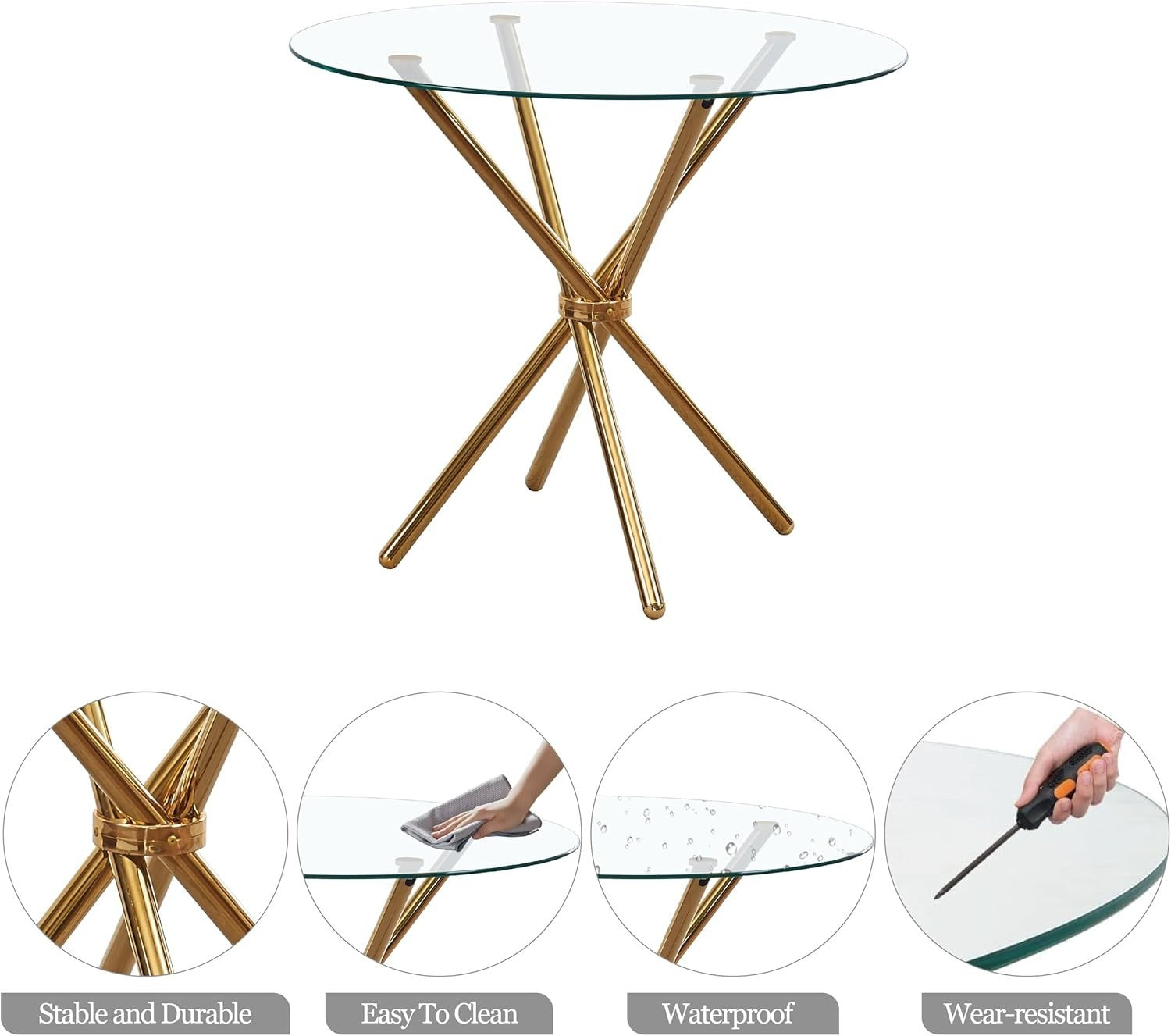 Round Glass Dining Table Set with 4 Chairs | Gold Legs | Compact & Stylish