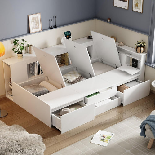 Single Bed w/ Storage Drawers & Shelves Kids Platform 3FT White 90x190