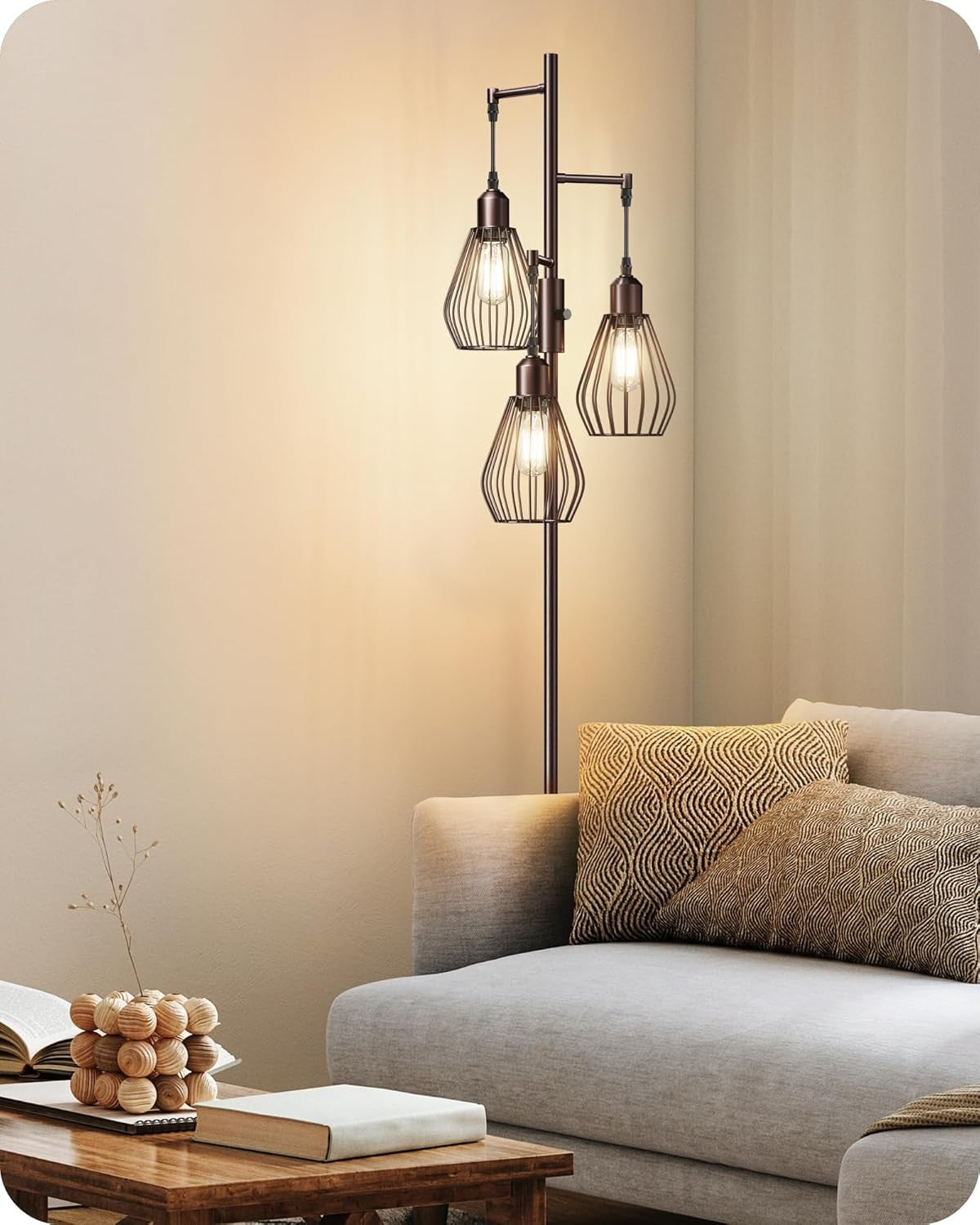 Industrial Floor Lamp Dimmable 3 Light Wire Cage Tall Standing Lamp