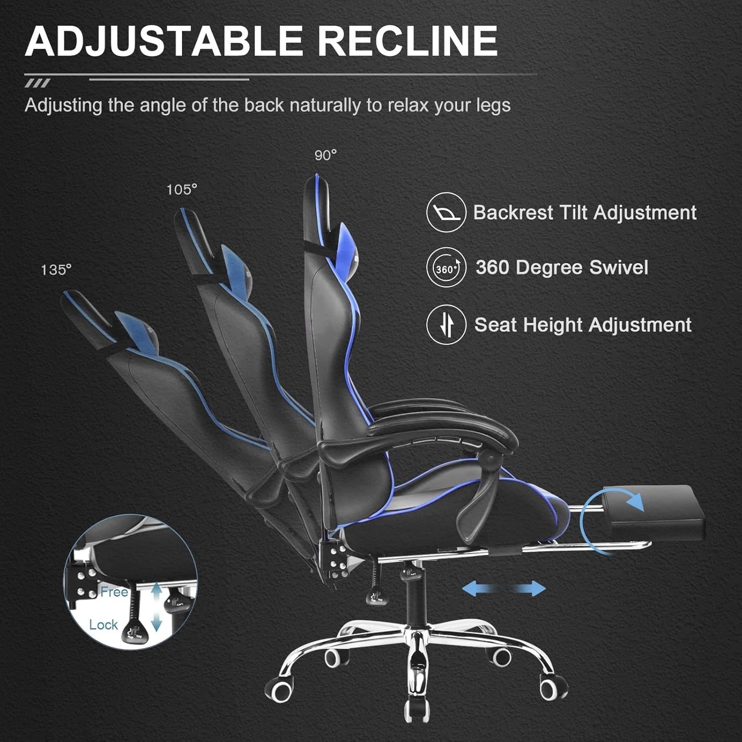 Massage Gaming Chair Reclining Ergonomic Office Chair w Footrest Blue