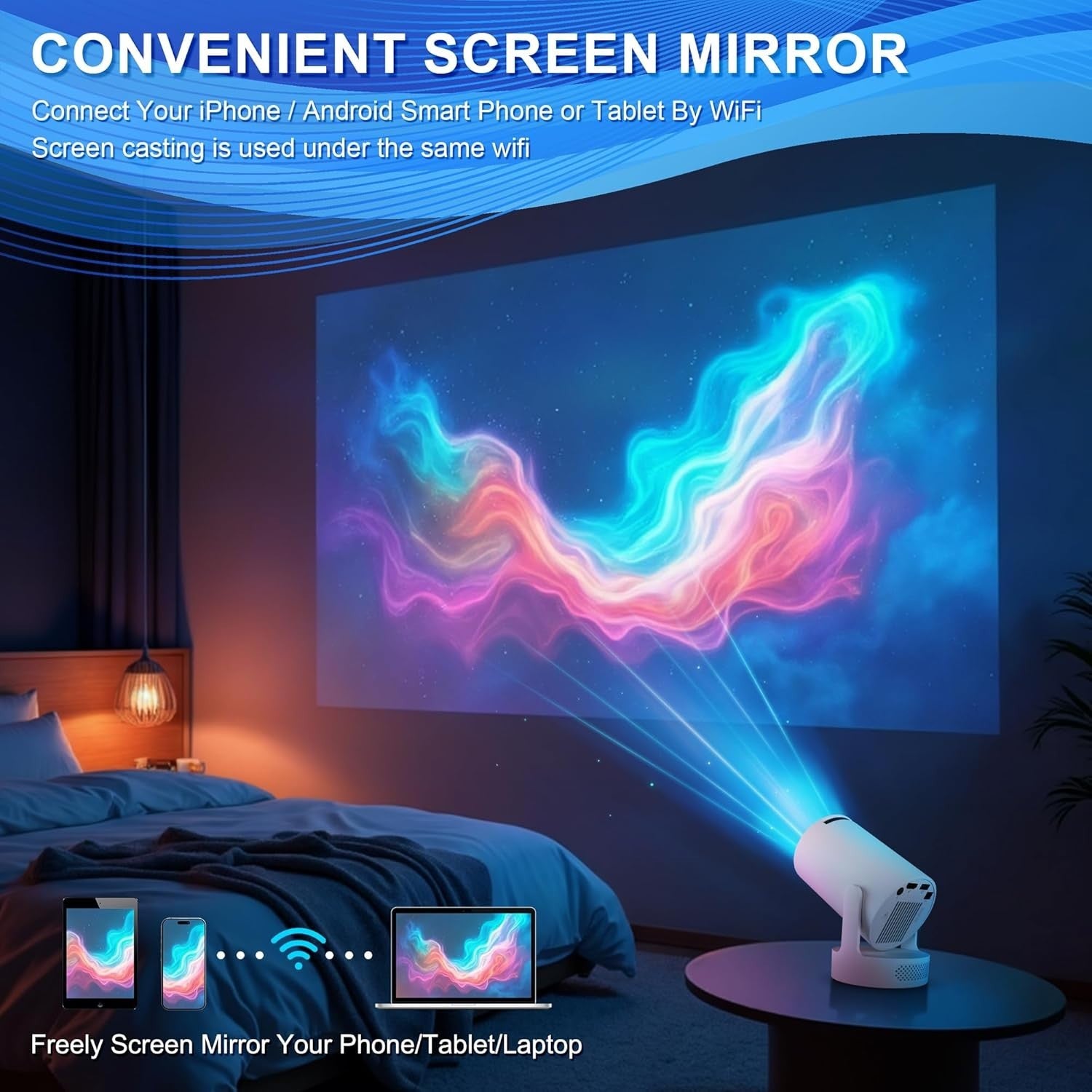 Smart Mini Projector WiFi 6 Bluetooth 1080P 4K Support Auto Focus 180°