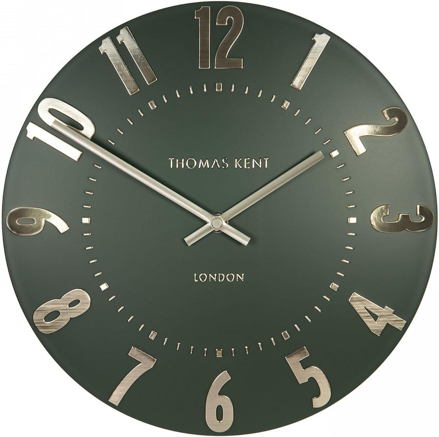 Silent Olive Green Wall Clock 12” Modern Metallic Numerals Luxury Decor