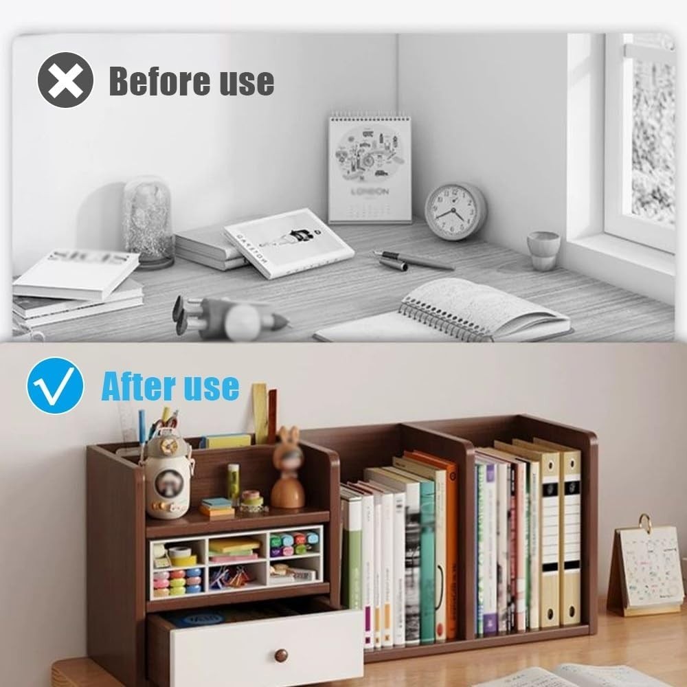 Wood Desktop Storage Rack w/ Drawer | Multi-Tier Office Bookshelf 56x17x25cm