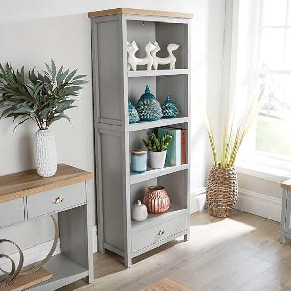 Tall Bookcase with Drawer & 4 Shelves Grey Oak Effect | Modern Storage Unit