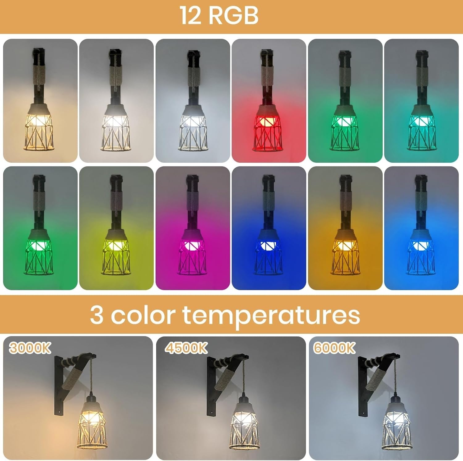 RGB Wall Lights Set of 2 Wireless Farmhouse Sconces w/ Remote + Rechargeable