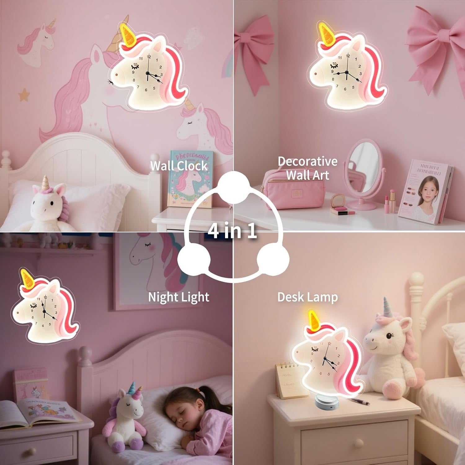 Unicorn Neon Wall Clock LED Dimmable Silent Kids Bedroom Home Decor