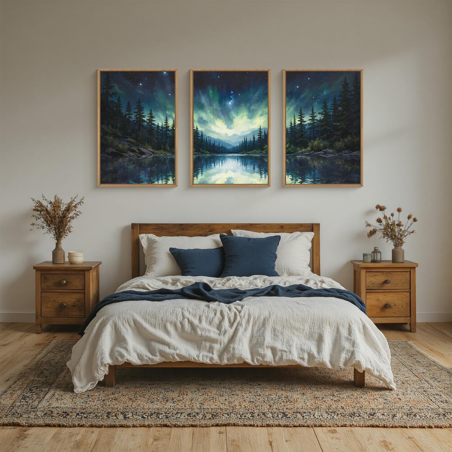 Northern Lights Framed Canvas Wall Art Set 3 Aurora Forest Lake Decor