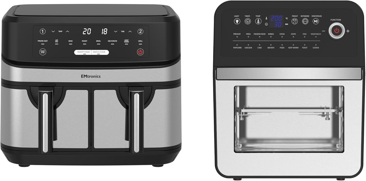 Silver Dual Air Fryer Set 9L Double Drawer + 6.3L Grill Temp Probe 60m