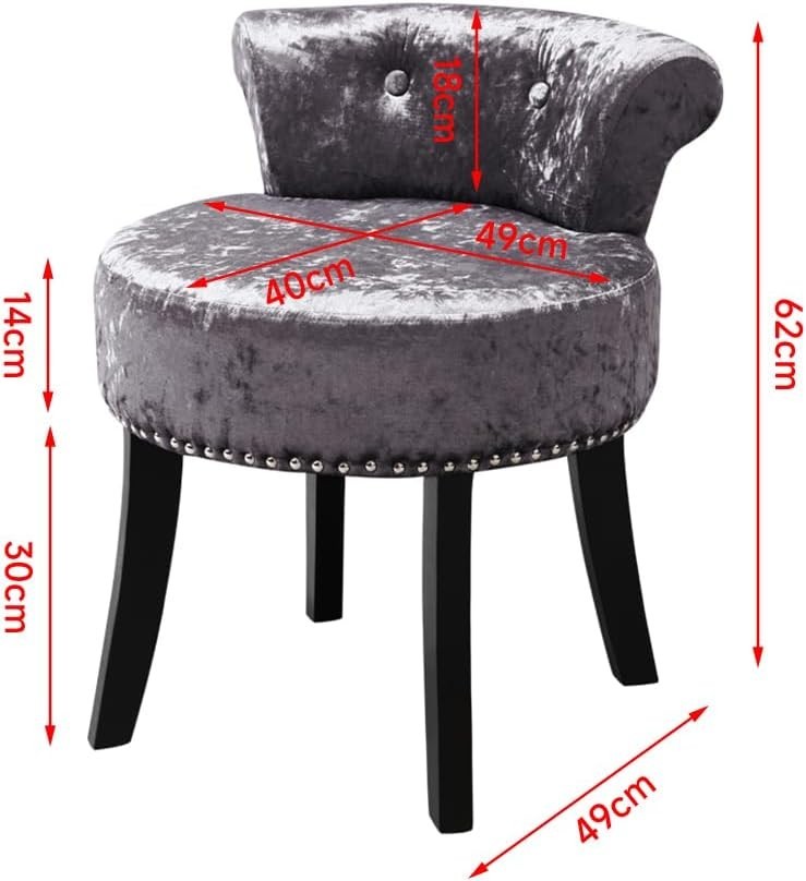 Dark Grey Velvet Dressing Table Stool with Wooden Legs & Tufted Back