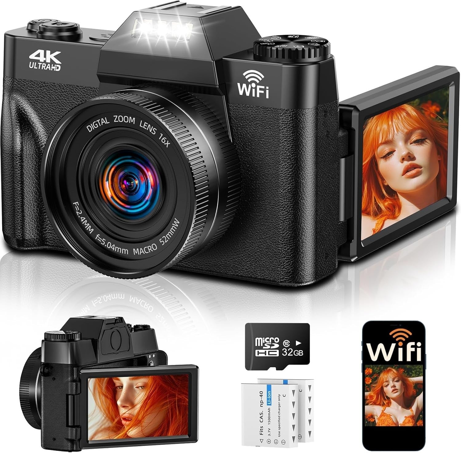 4K 75MP Digital Camera WiFi Flip Screen Vlogging Camera 32GB Bundle
