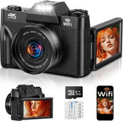 4K 75MP Digital Camera WiFi Flip Screen Vlogging Camera 32GB Bundle
