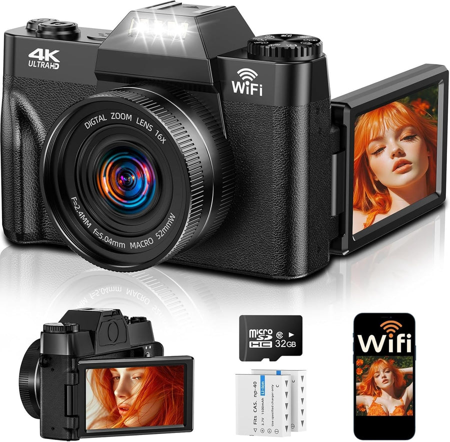 4K 75MP Digital Camera WiFi Flip Screen Vlogging Camera 32GB Bundle