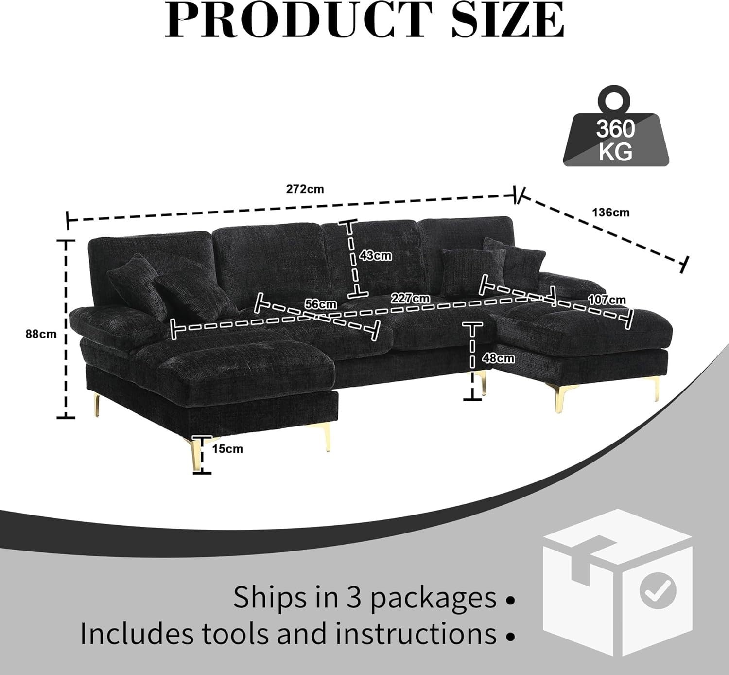 4 Seater U-Shaped Sofa Black Chenille Sectional with 2 Chaise Lounges