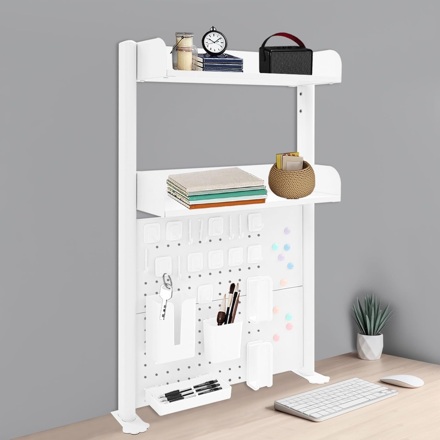 Clamp-On Desk Pegboard 60cm 2-Tier Desktop Organizer Shelf Privacy Panel White