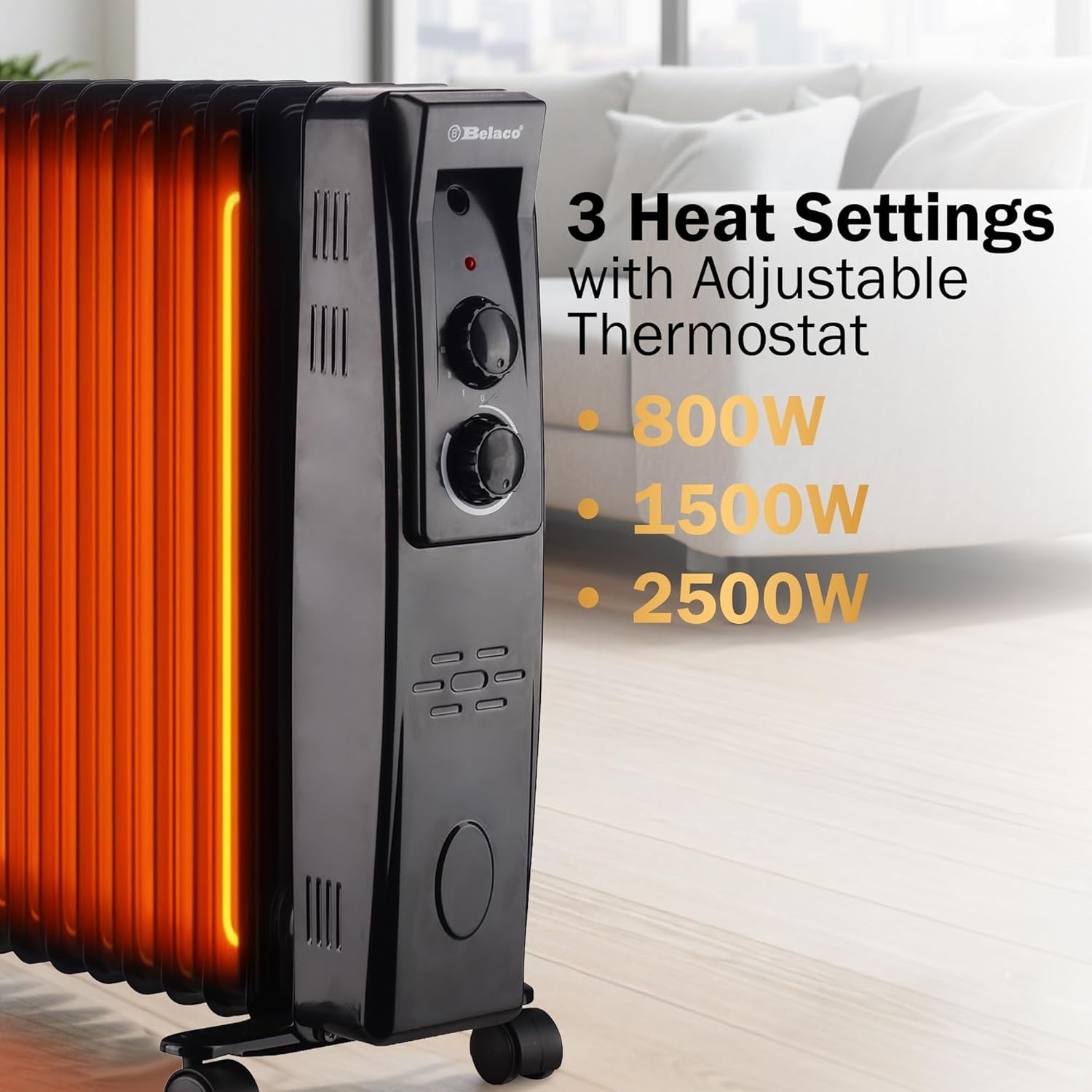 Portable 11-Fin Oil Filled Radiator Heater 2500W Adjustable Thermostat