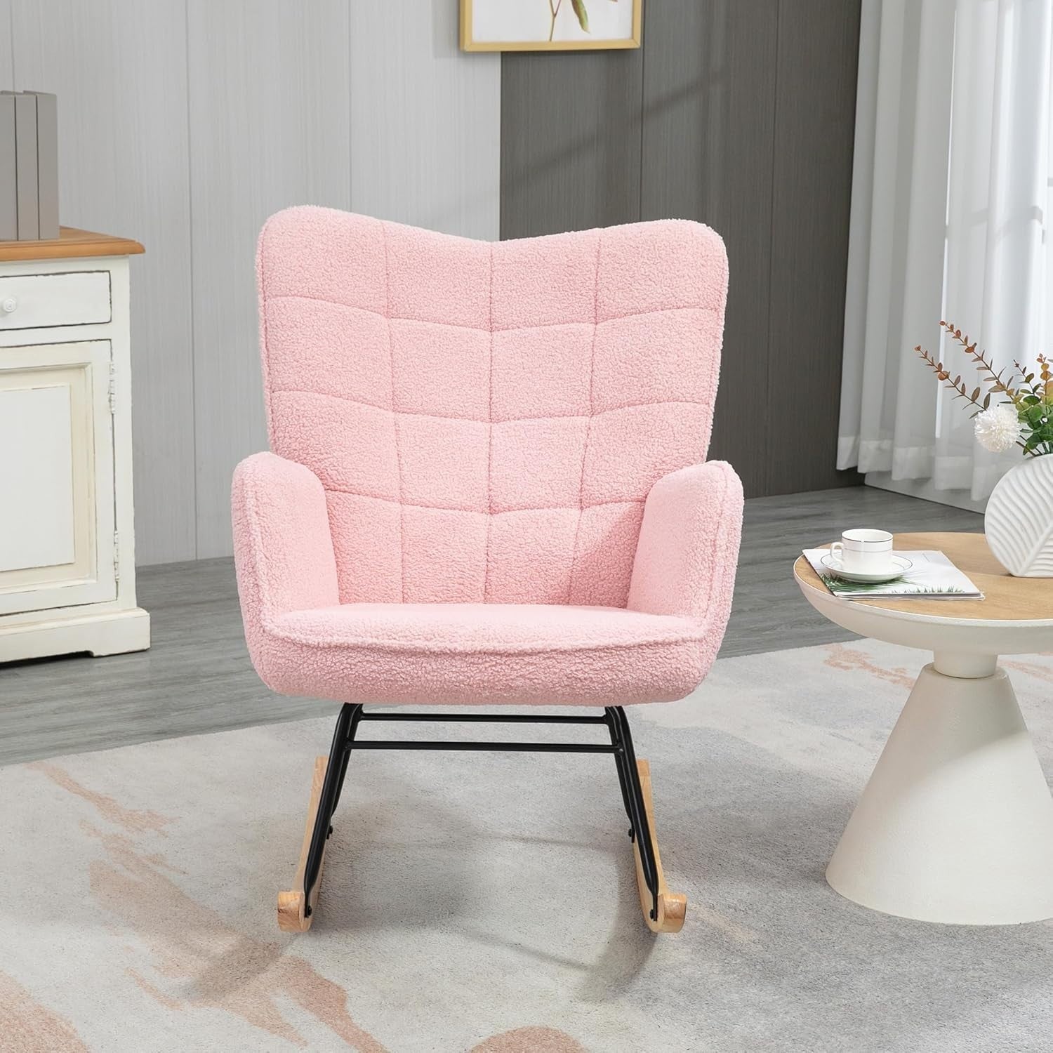 Pink Rocking Chair for Nursery, Tufted Armchair Fleece Upholstery, 71x98cm