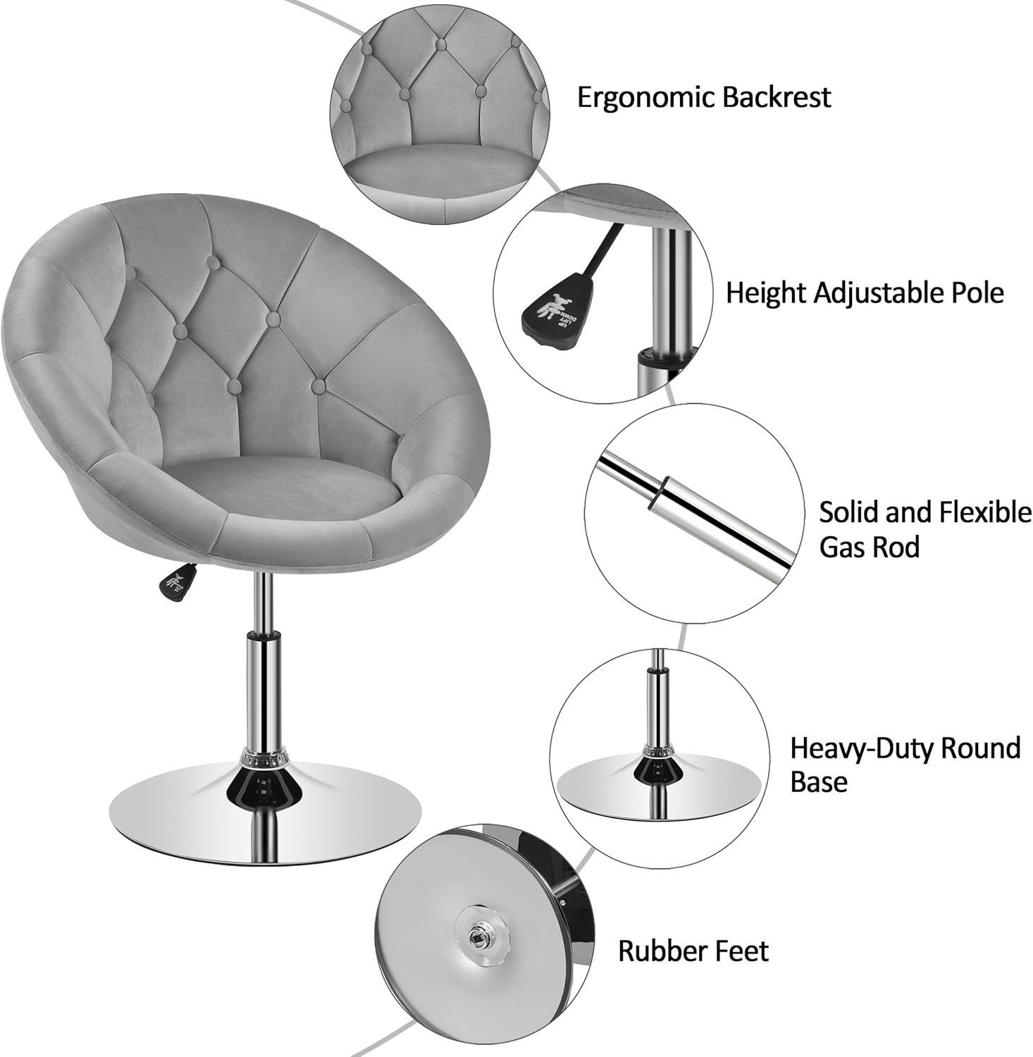 Grey Velvet Swivel Vanity Chair Adjustable Tufted Armchair for Makeup Room