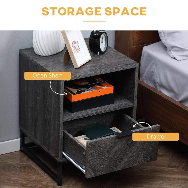 Grey Bedside Table with Drawer & Shelf, Metal Frame, 52cm Tall