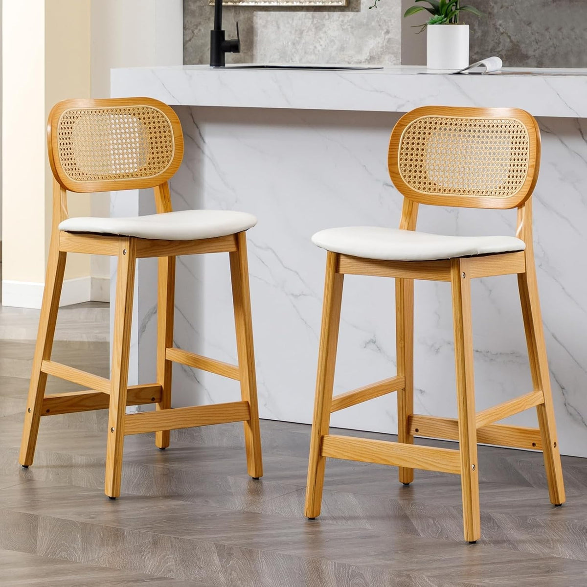 White PU Leather Bar Stool Set 2 – Rattan Backrest High Kitchen Chairs