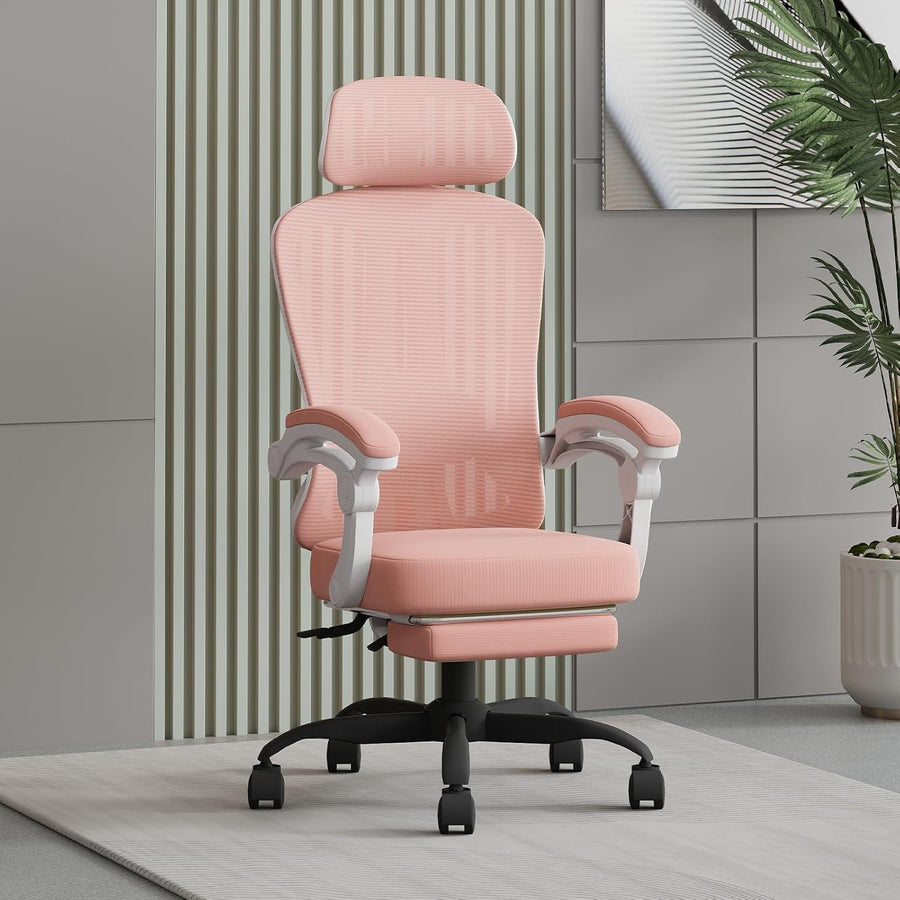 Ergonomic Office Chair Mesh Pink Gaming Desk Chair Retractable Footrest