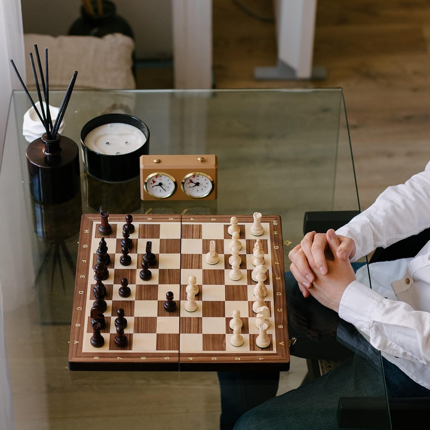 38cm Tournament Chess Set – Inlaid Folding Board & Weighted Wooden Pieces