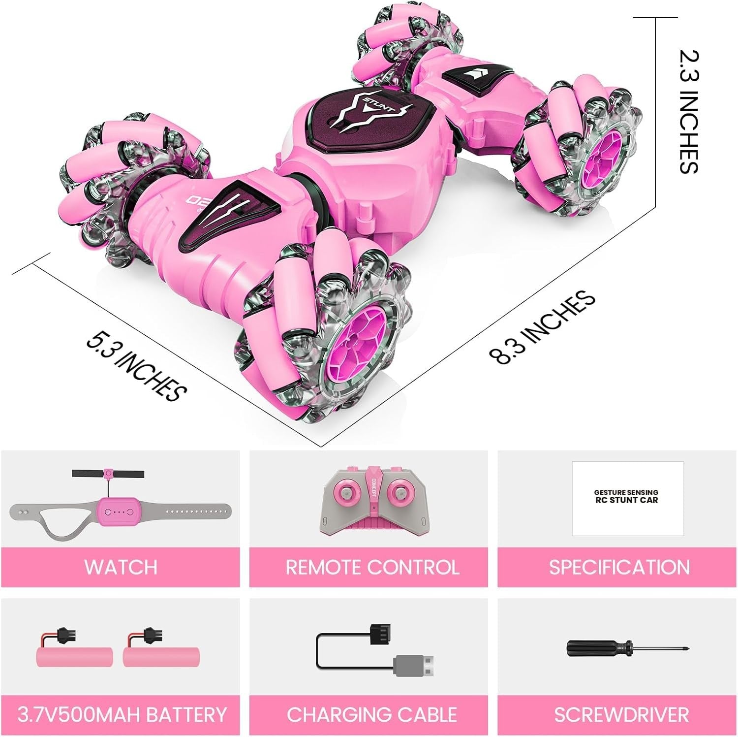 Hand Control RC Stunt Car 4WD 360° Drift Car w/ Lights & 3 Batteries