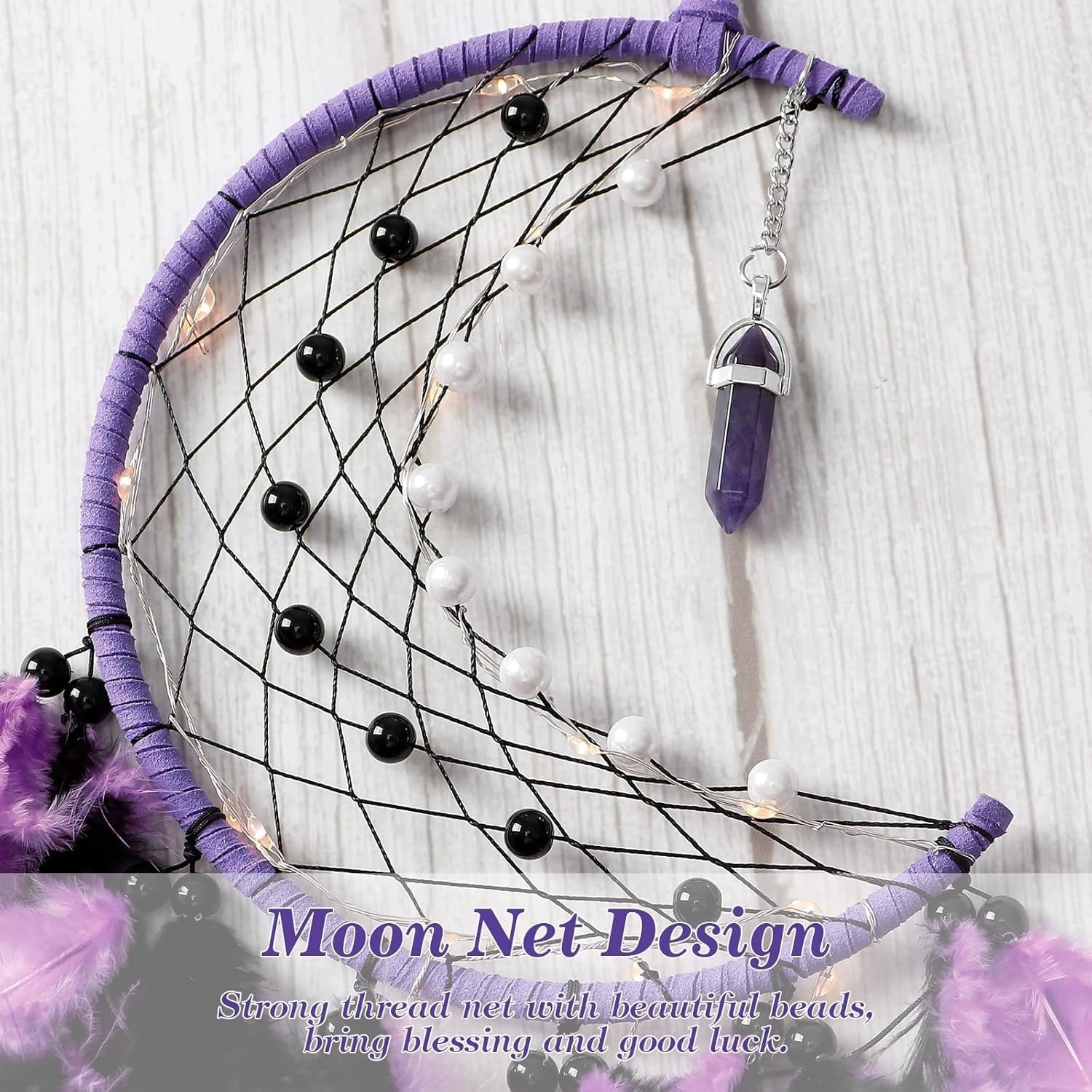 Boho Moon Dream Catcher Purple Black Feathers Fairy Lights Wall Decor