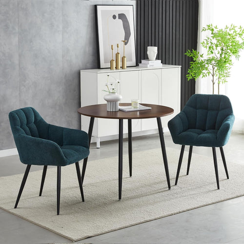 Teal Round Dining Table Set w/ 2 Chairs – Walnut Effect Space-Saving 3-Piece Set
