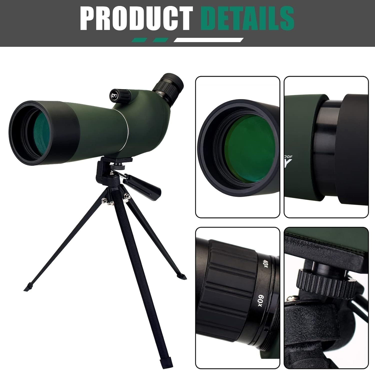 20-60x60mm Spotting Scope HD BAK4 Prism Waterproof Tripod Phone Adapter