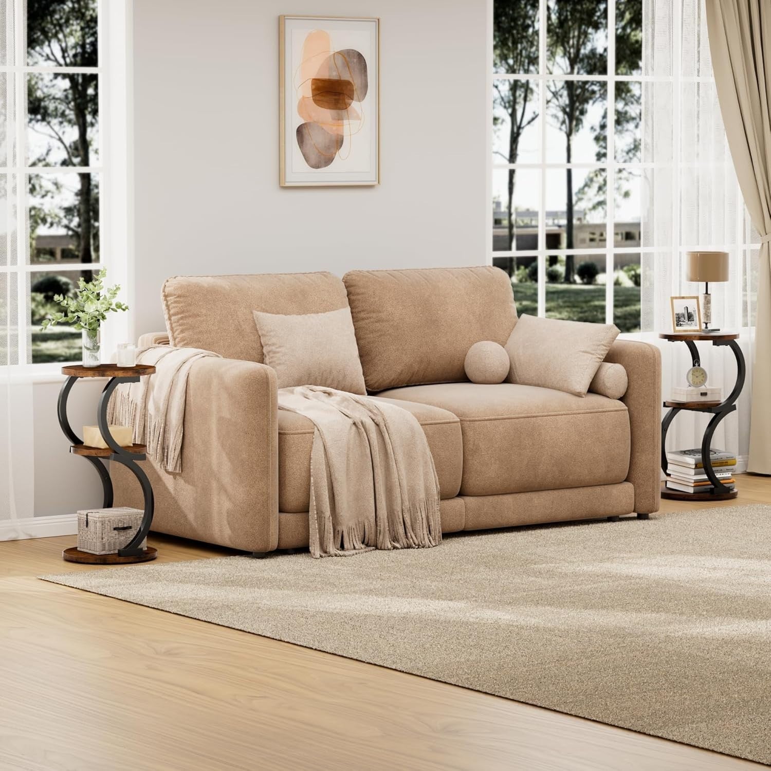 3-Tier Round Small Side Table with Storage, Rustic Brown S-Shaped End Table