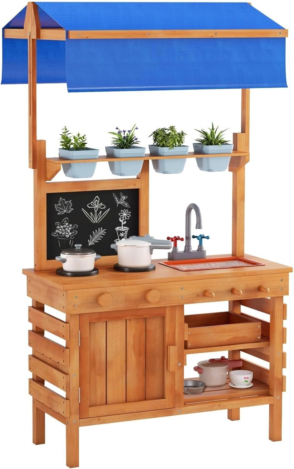 Kids Mud Kitchen Outdoor Wooden Potting Bench Sink Canopy Toy Set