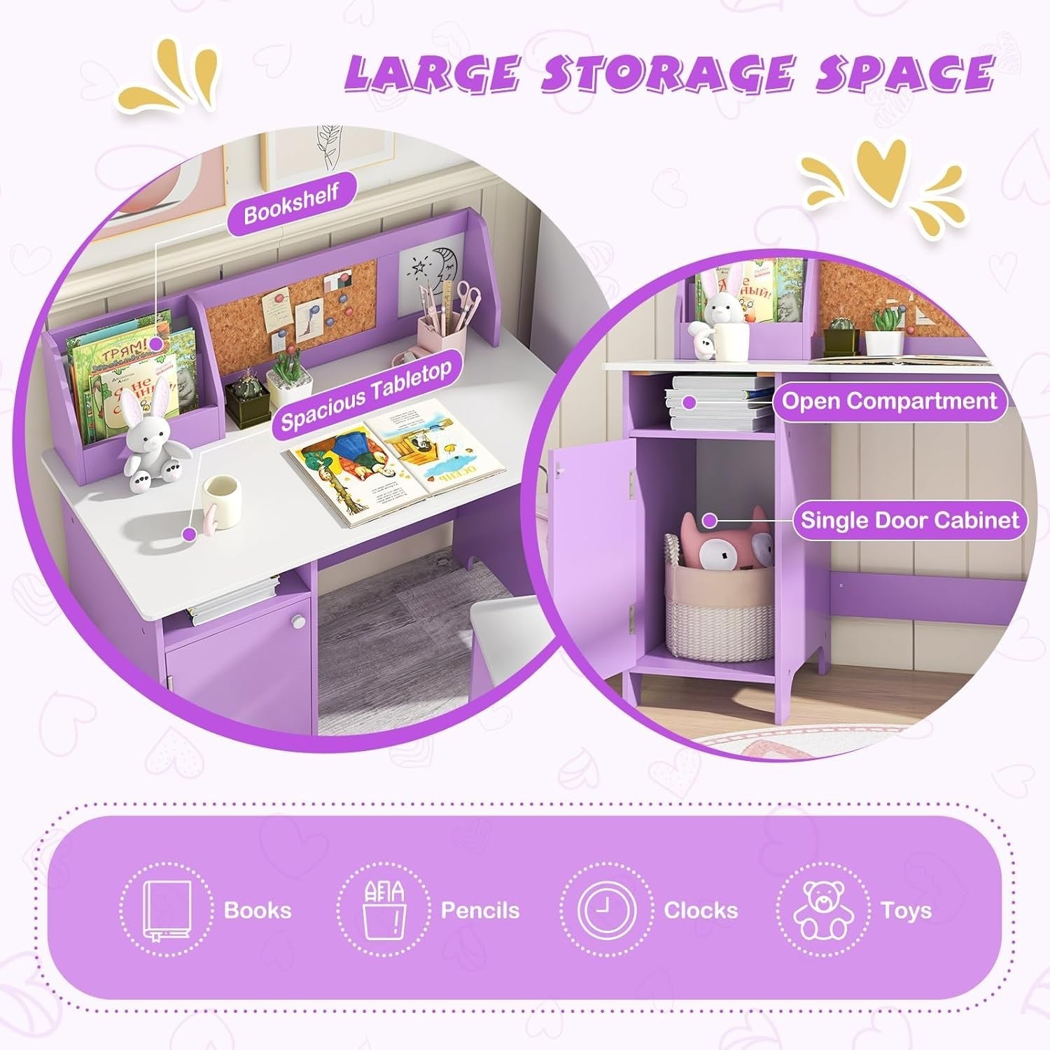 Kids Study Desk & Chair Set with Storage Cabinet, Cork Board, Ergonomic