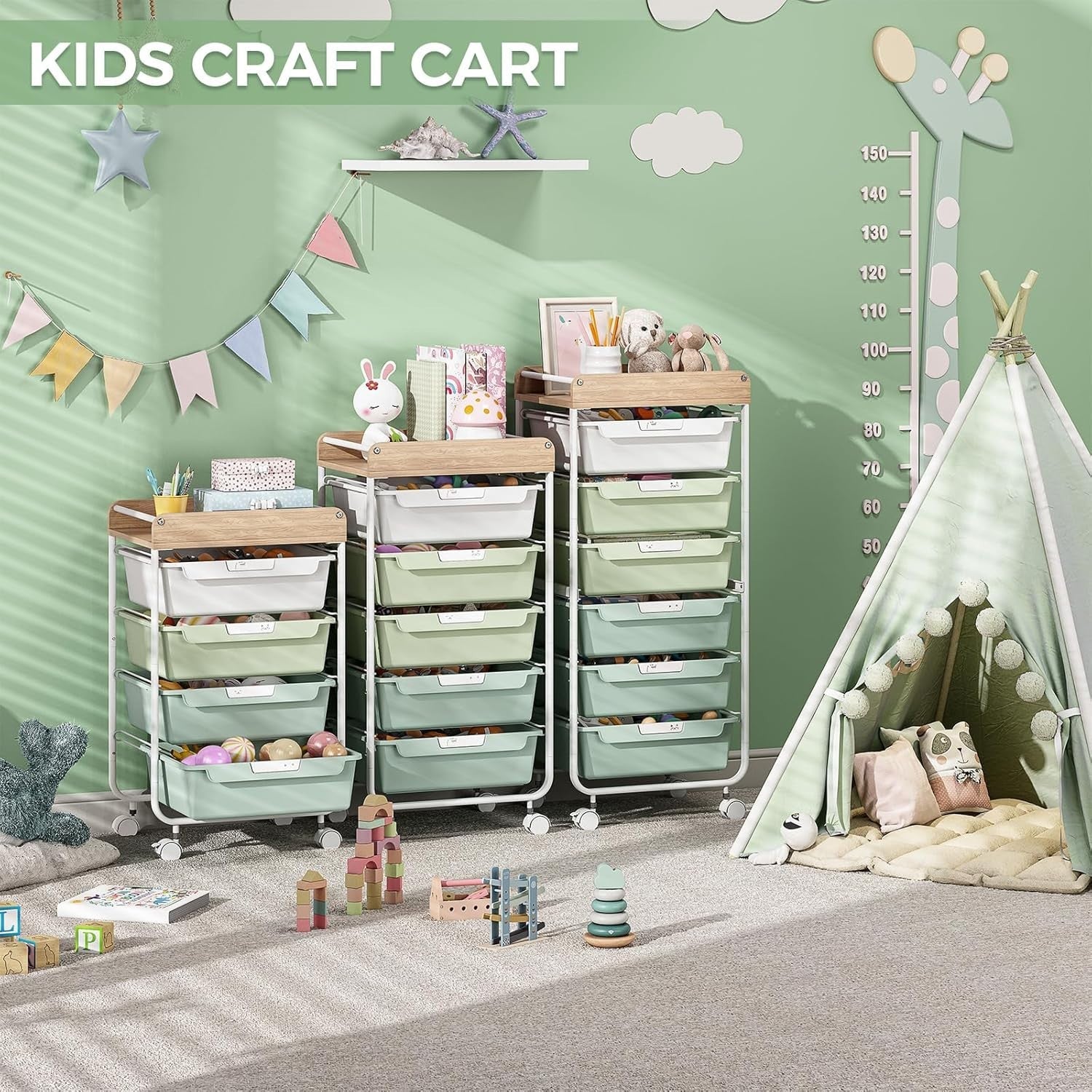 Green 4 Drawer Rolling Storage Trolley Craft Office Organizer Cart