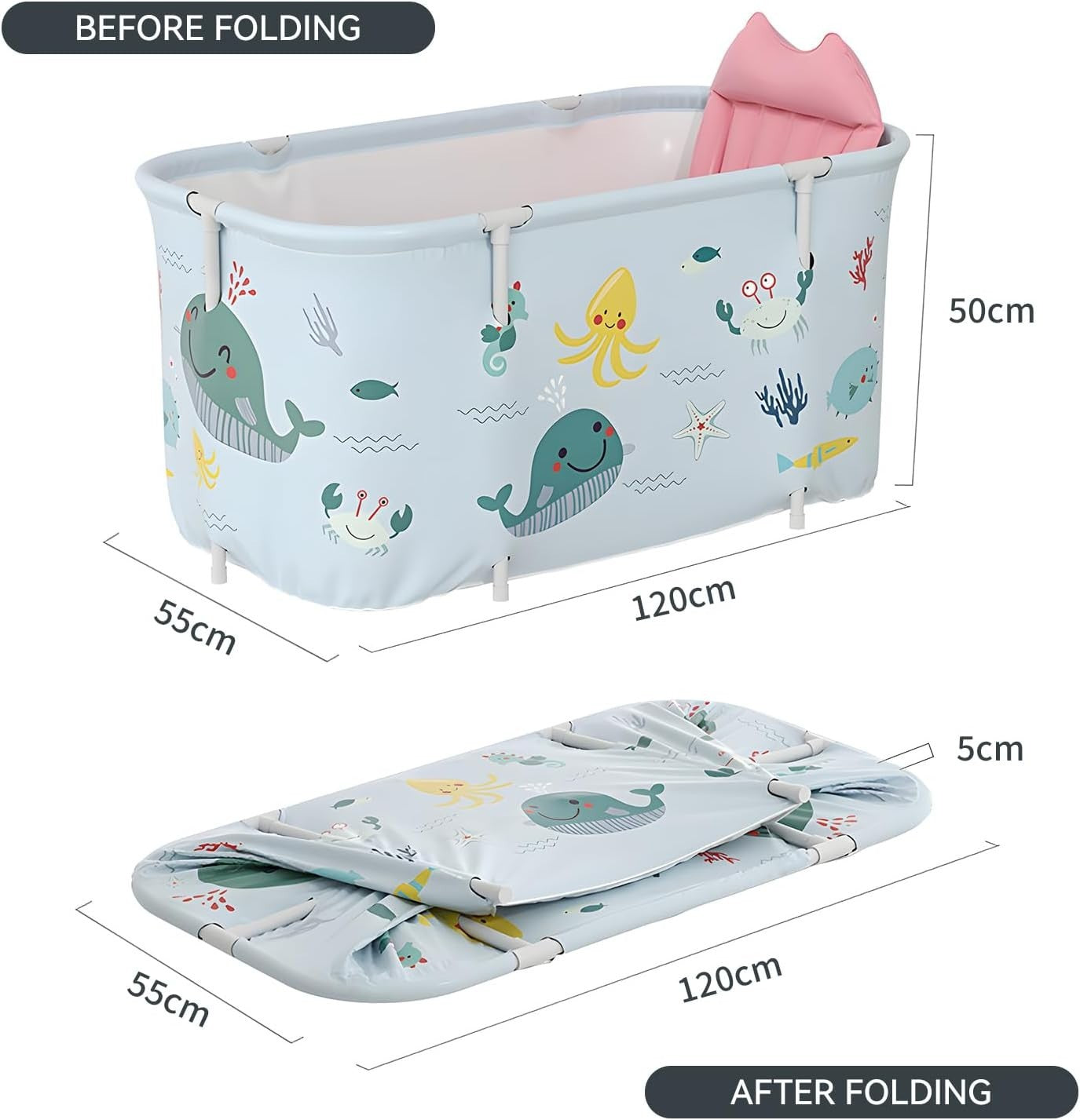 Portable Foldable Bathtub 120x50x55cm Ocean SPA Tub Adults Kids Hot & Ice Bath