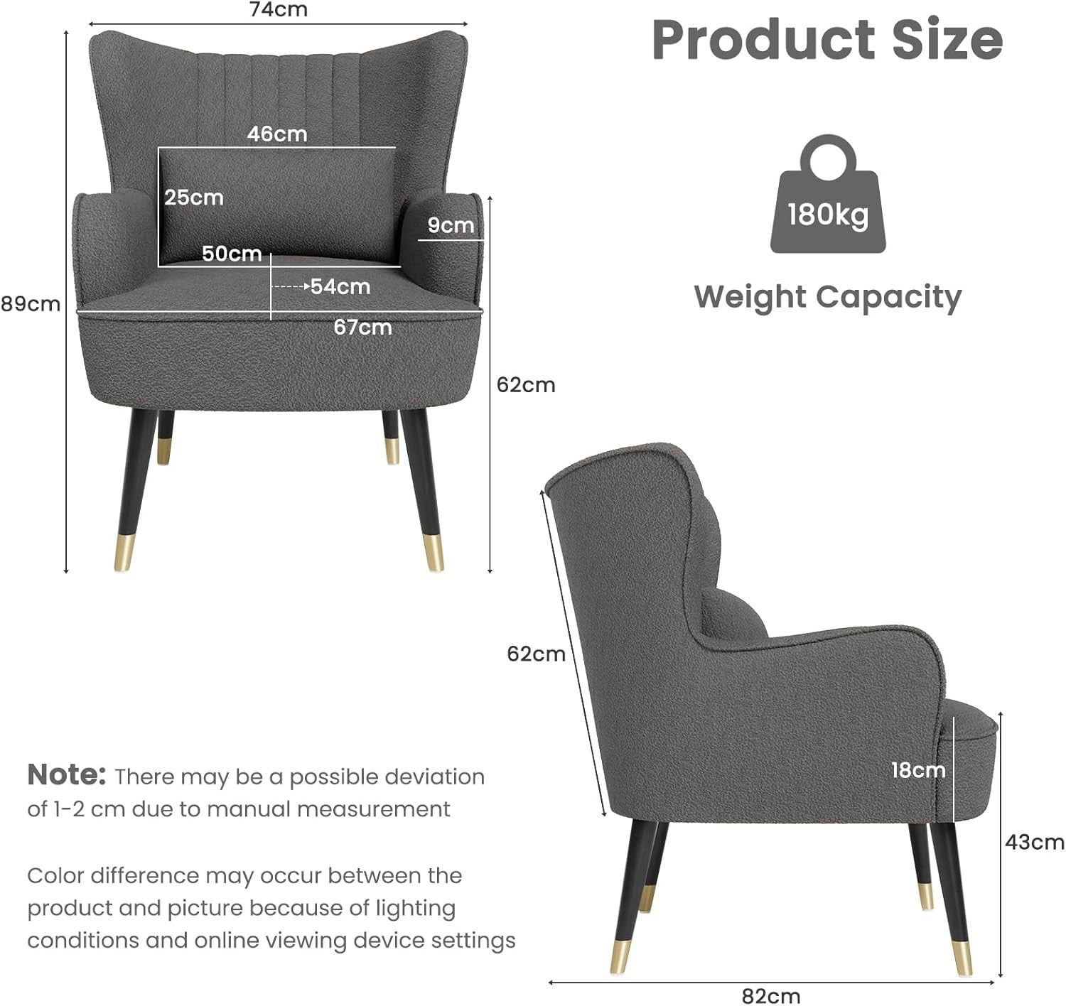 Teddy Fleece Armchair with Cushion Lounge Wing Back Chair for Living Room