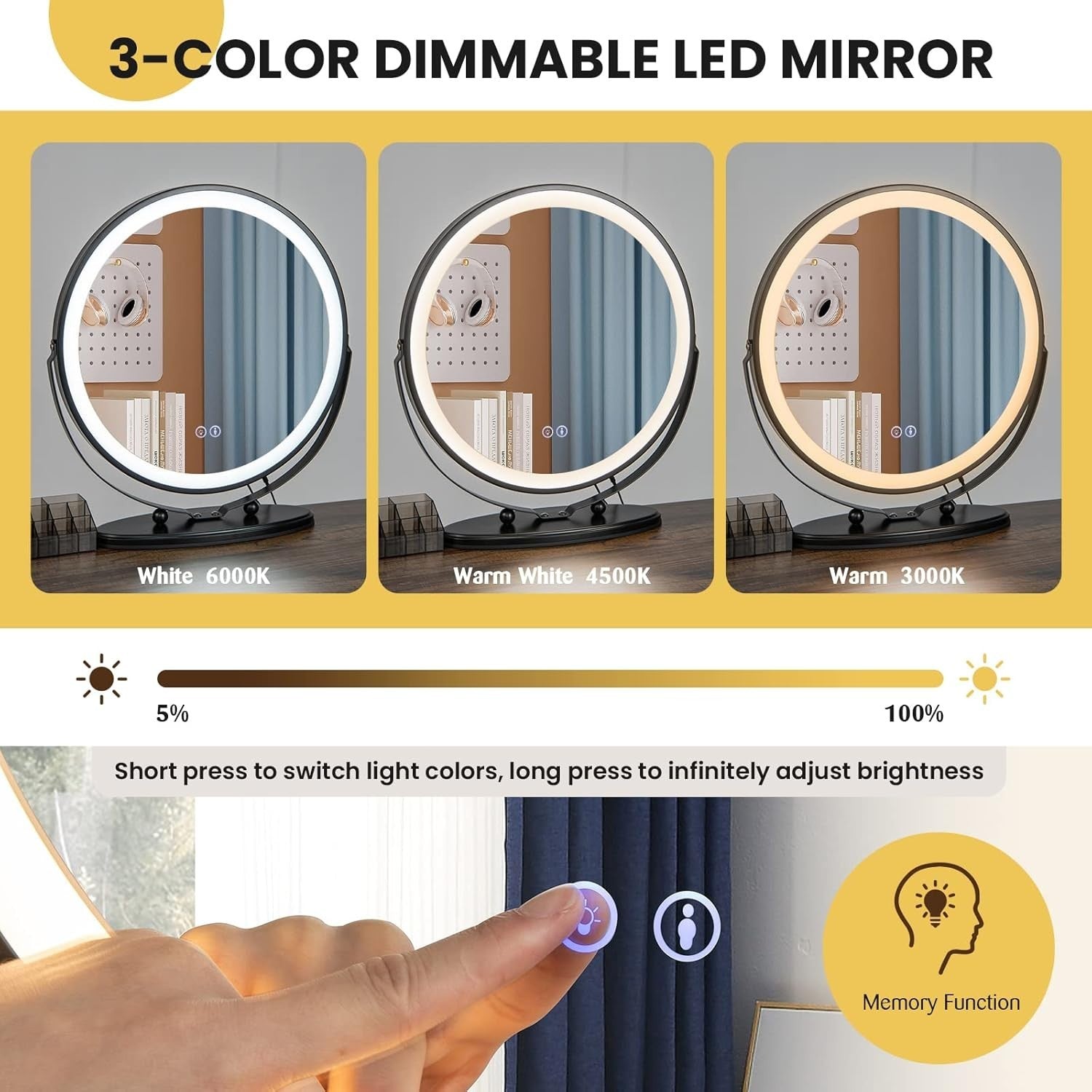 Vanity Makeup Dressing Table Stool Set LED Lighted Mirror Wireless Charger Brown