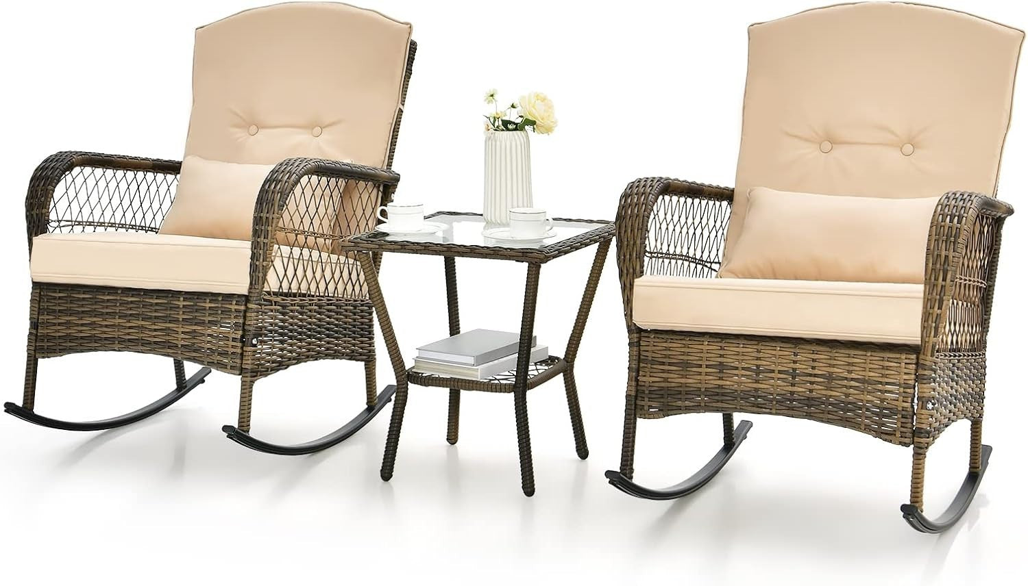 3pc Outdoor Rattan Rocking Bistro Set Cushioned Chairs Glass Table Patio