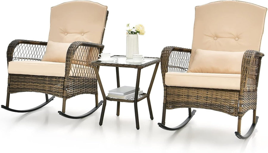 3pc Outdoor Rattan Rocking Bistro Set Cushioned Chairs Glass Table Patio