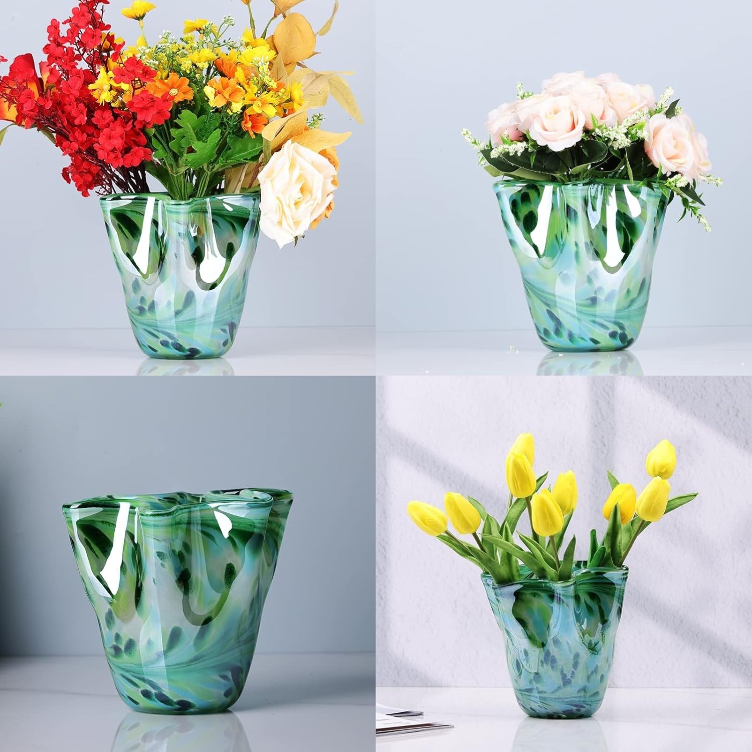 Hand Blown Teal Glass Vase Modern Irregular Wide Mouth Art Home Decor