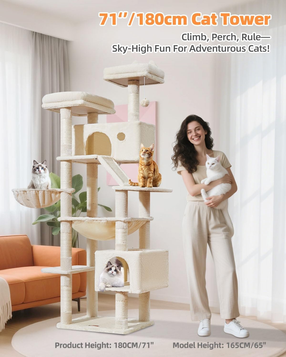 180cm Cat Tree Tower Large Multi Level Scratching Post Condo Hammock