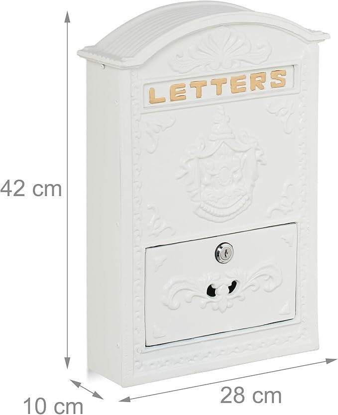 Vintage Wall Mounted Letterbox White Gold Lockable A4 Mail Slot Ornate Design