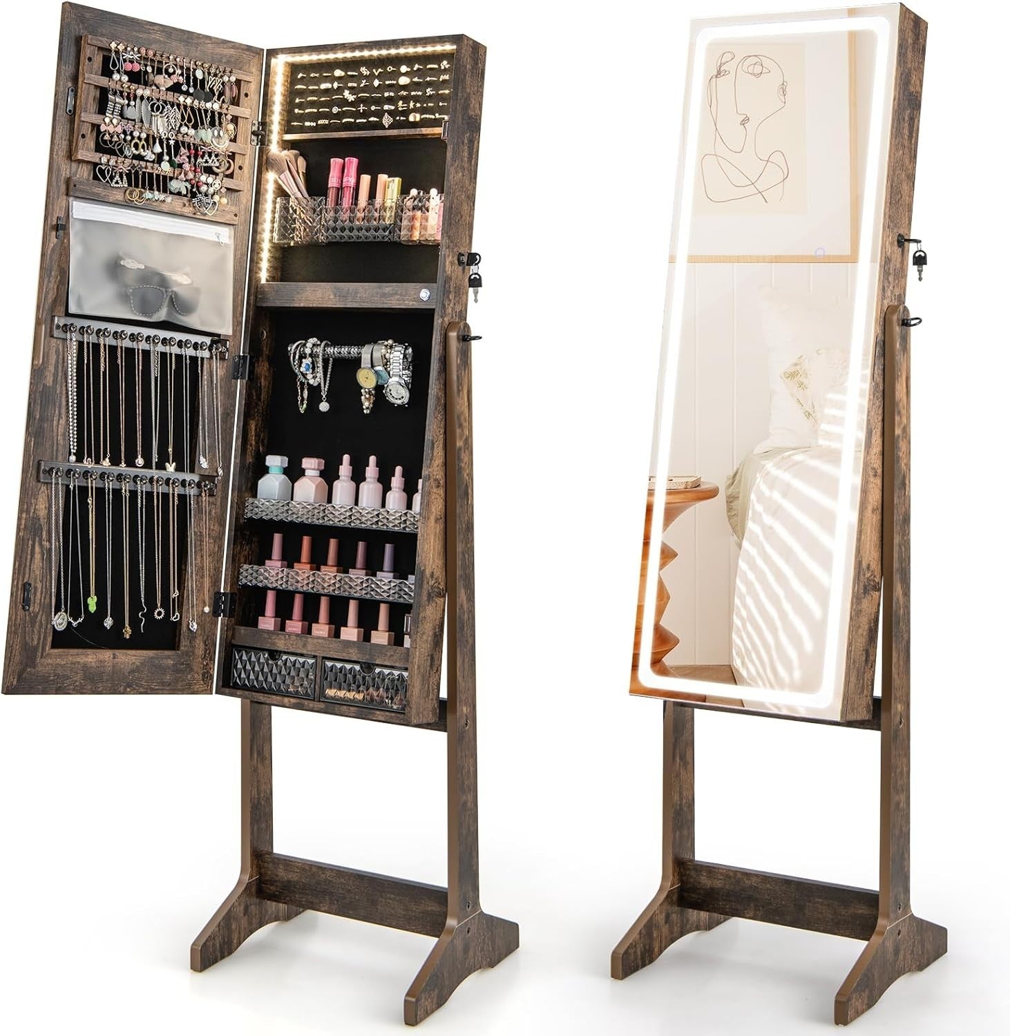 Rustic Brown LED Jewelry Cabinet Mirror Lockable 3-Color Light Storage