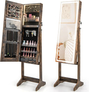 Rustic Brown LED Jewelry Cabinet Mirror Lockable 3-Color Light Storage