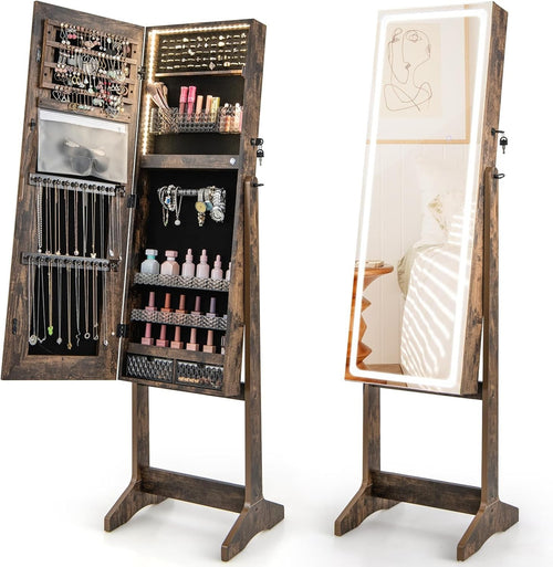 Rustic Brown LED Jewelry Cabinet Mirror Lockable 3-Color Light Storage