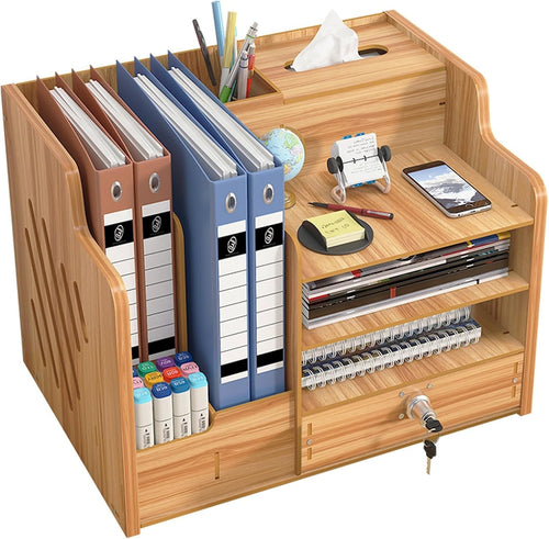 Wood Desk Organiser with Drawer 9-Compartment Desktop Storage Brown