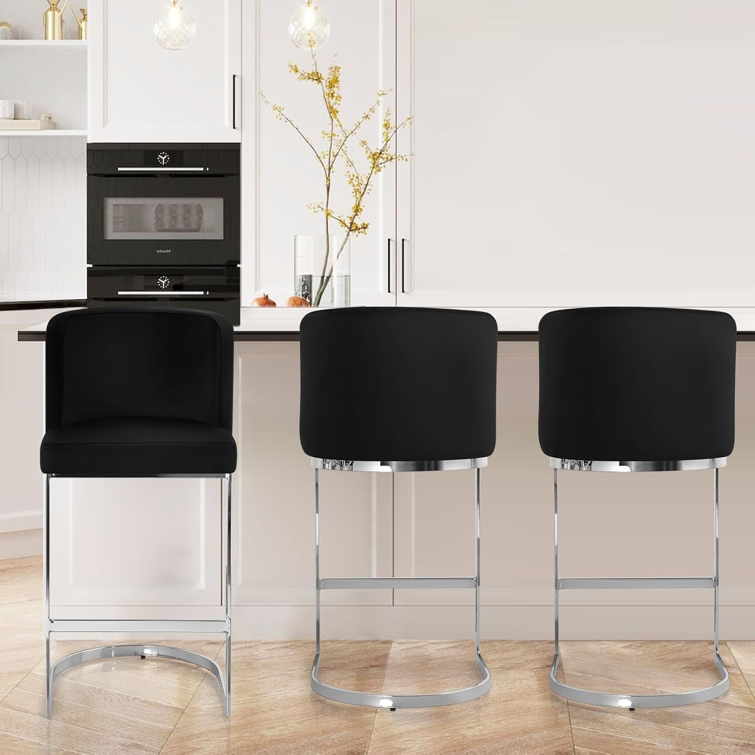 Modern Counter Bar Stools PU Leather With Back Steel Base Set Of 2