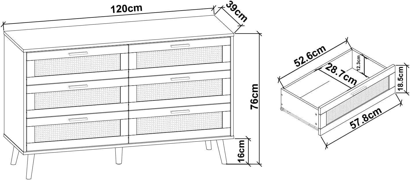 Black Rattan Chest of Drawers 6 Drawer Storage Cabinet for Bedroom